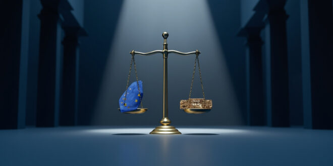 Golden scales of justice balancing EU flag against computer circuit board in formal government setting