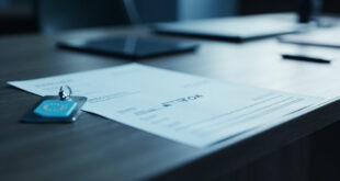 Government memo on wooden desk next to security badge and sealed envelope in sterile office environment