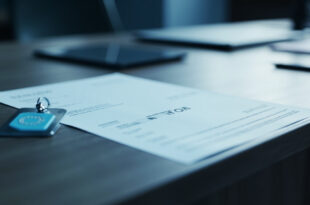 Government memo on wooden desk next to security badge and sealed envelope in sterile office environment