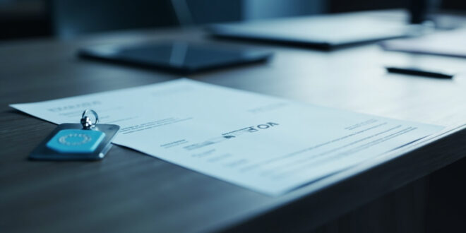 Government memo on wooden desk next to security badge and sealed envelope in sterile office environment