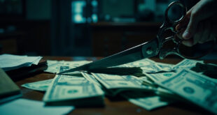Large scissors cutting through stack of dollar bills on official government desk with scattered budget documents