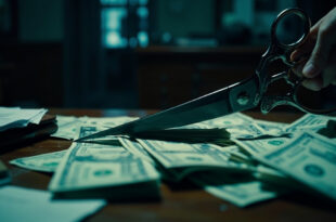 Large scissors cutting through stack of dollar bills on official government desk with scattered budget documents