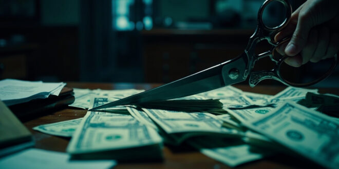 Large scissors cutting through stack of dollar bills on official government desk with scattered budget documents