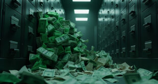 Stacks of money and scattered government budget documents in empty treasury vault