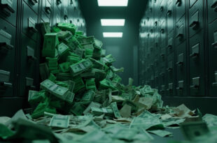 Stacks of money and scattered government budget documents in empty treasury vault