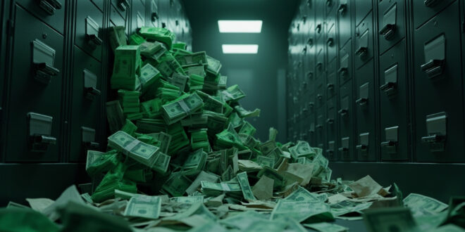 Stacks of money and scattered government budget documents in empty treasury vault