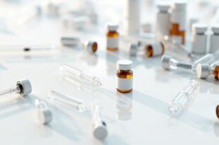 Empty vaccine vials and medical syringes arranged on white laboratory surface with prescription bottles