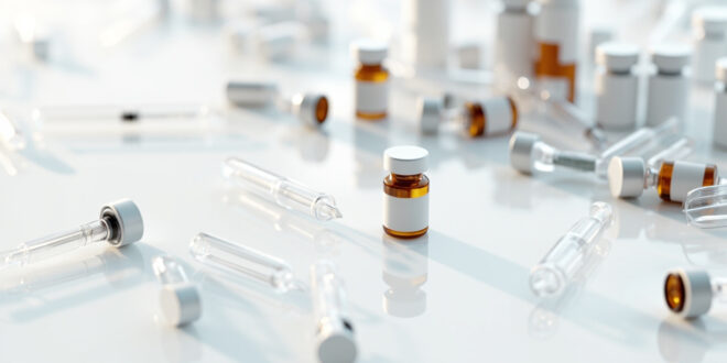 Empty vaccine vials and medical syringes arranged on white laboratory surface with prescription bottles