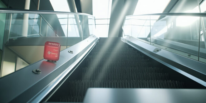 Static escalator in modern building lobby with red emergency stop button and safety equipment visible