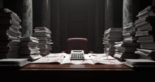 Budget documents with red cancellation marks on wooden desk in government office with marble columns and calculator
