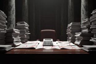 Budget documents with red cancellation marks on wooden desk in government office with marble columns and calculator