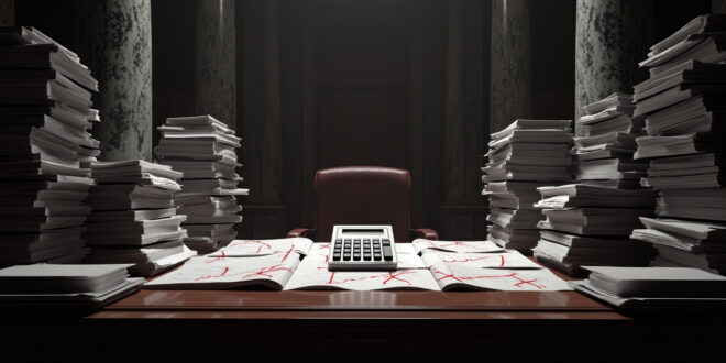 Stack of government budget documents with red markings on a wooden desk surrounded by filing folders