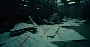 Budget documents with red strike-through marks scattered across an empty government office desk, suggesting financial cuts