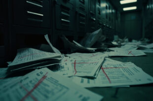 Budget documents with red strike-through marks scattered across an empty government office desk, suggesting financial cuts