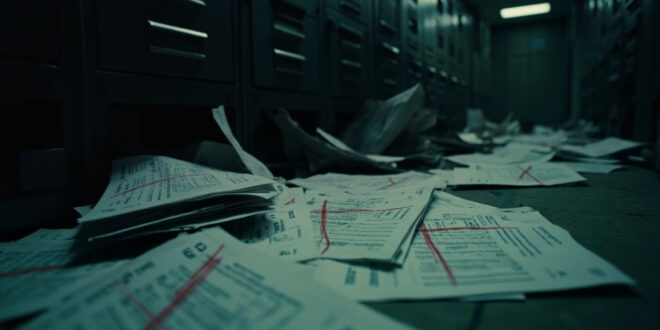 Budget documents with red strike-through marks scattered across an empty government office desk, suggesting financial cuts