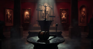 Unbalanced brass scales of justice on museum pedestal with religious artifacts in shadowy background