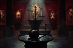 Unbalanced brass scales of justice on museum pedestal with religious artifacts in shadowy background