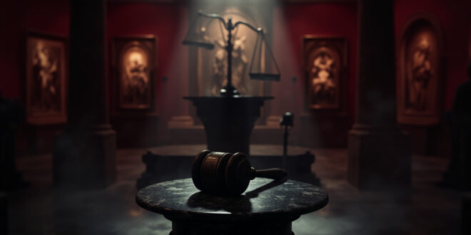 Empty wooden podium with microphone in museum hall with religious displays in background