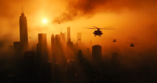 Military helicopters flying over city skyline with orange smoky sky and tall buildings silhouetted in background