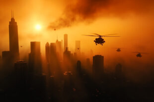 Military helicopters flying over city skyline with orange smoky sky and tall buildings silhouetted in background