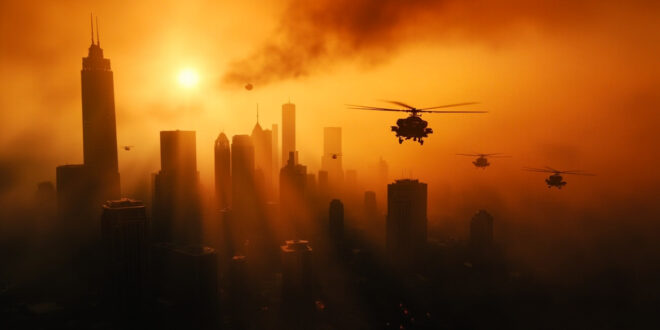 Military helicopters flying over city skyline with orange smoky sky and tall buildings silhouetted in background