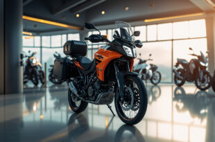 Orange and black adventure motorcycle with side cases in motorcycle showroom under bright lighting