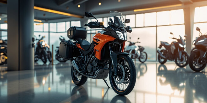 Orange and black adventure motorcycle with side cases in motorcycle showroom under bright lighting