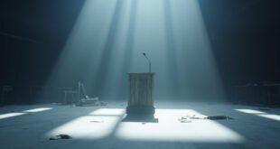 Empty political podium with microphone in conference hall, campaign materials scattered on tables