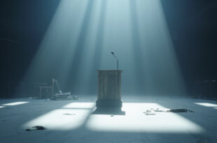 Empty political podium with microphone in conference hall, campaign materials scattered on tables