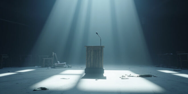 Empty political podium with microphone in conference hall, campaign materials scattered on tables