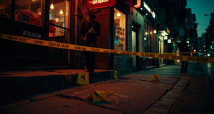 Police tape blocks access to Mediterranean street food shop with investigation markers on pavement