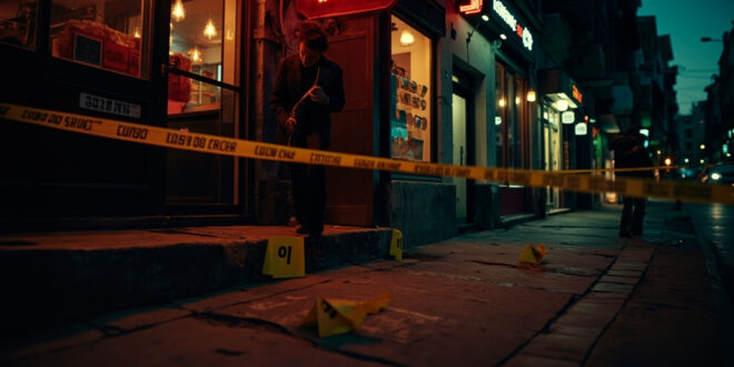 Police tape blocks access to Mediterranean street food shop with investigation markers on pavement