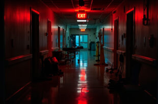 Empty institutional hallway with emergency lighting and medical equipment scattered on polished floor