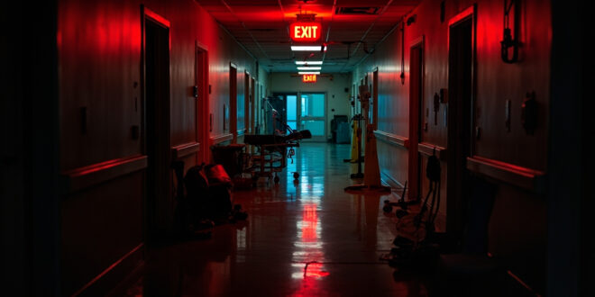 Empty institutional hallway with emergency lighting and medical equipment scattered on polished floor