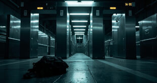 Empty school hallway with security equipment and yellow police tape blocking entrance areas