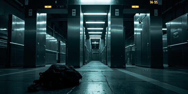 Empty school hallway with security equipment and yellow police tape blocking entrance areas
