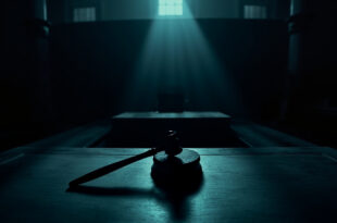 Empty courthouse interior with wooden gavel resting on judge's bench, vacant chairs in background