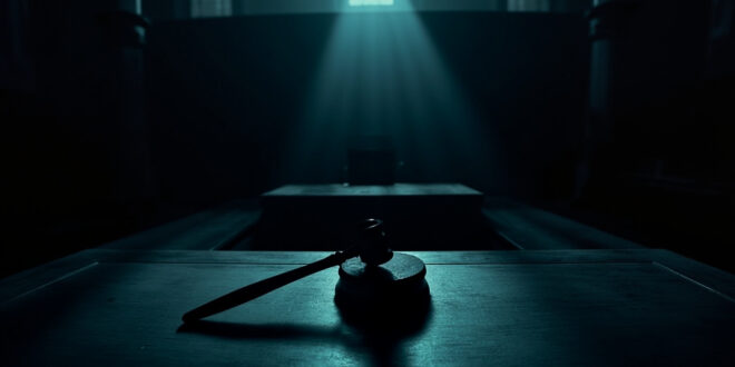 Empty courthouse interior with wooden gavel resting on judge's bench, vacant chairs in background
