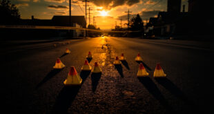 Yellow evidence markers and police tape cordoning off empty roadside area at twilight