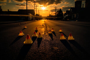 Yellow evidence markers and police tape cordoning off empty roadside area at twilight