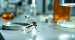 Close-up view of mosquito specimen on laboratory slide under magnification with scientific equipment in background