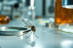 Close-up view of mosquito specimen on laboratory slide under magnification with scientific equipment in background