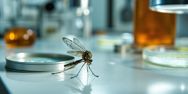 Close-up view of mosquito specimen on laboratory slide under magnification with scientific equipment in background
