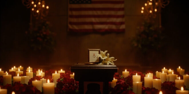 Memorial podium with flowers, candles, and photographs in solemn lighting setup