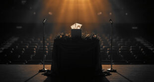 Empty memorial podium with microphone and white flowers in large stadium setting with dim lighting
