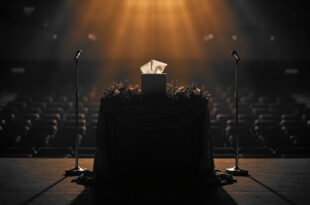 Empty memorial podium with microphone and white flowers in large stadium setting with dim lighting