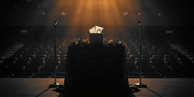 Empty memorial podium with microphone and white flowers in large stadium setting with dim lighting