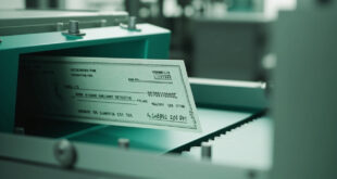 Official government check on conveyor belt in automated postal sorting facility with industrial machinery