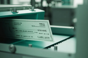 Official government check on conveyor belt in automated postal sorting facility with industrial machinery