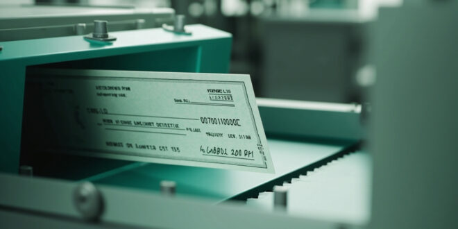 Official government check on conveyor belt in automated postal sorting facility with industrial machinery